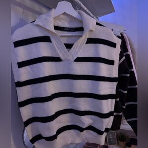 SHEIN Cream and Black Striped V‑Neck Sweater